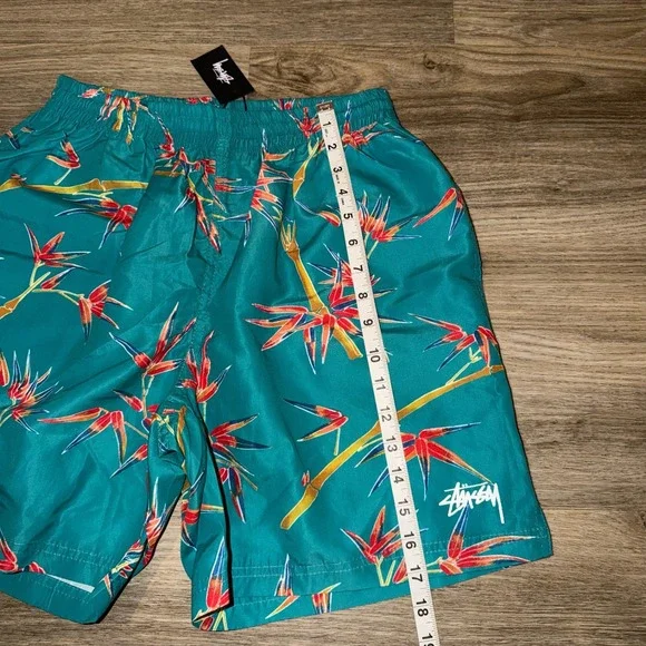 Stussy Mens Tropical Swim Trunks L Teal Birds of Paradise 5 Inseam